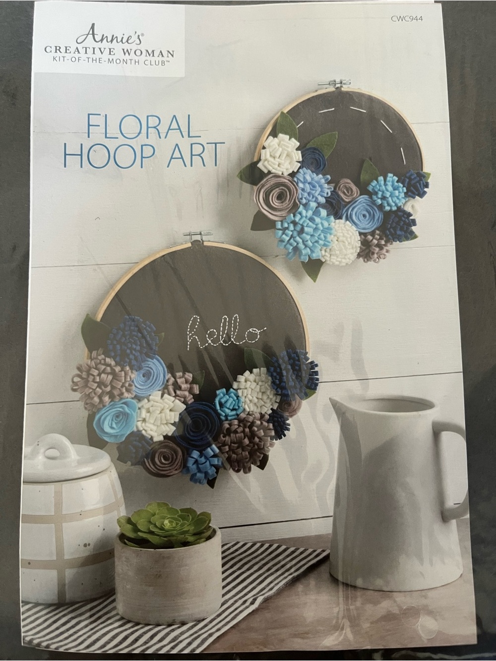 Annie’s craft kit, floral hoop art/felt flower wreath blue white grey